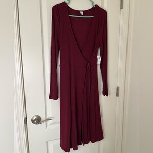 Maroon side-tie sweater dress.